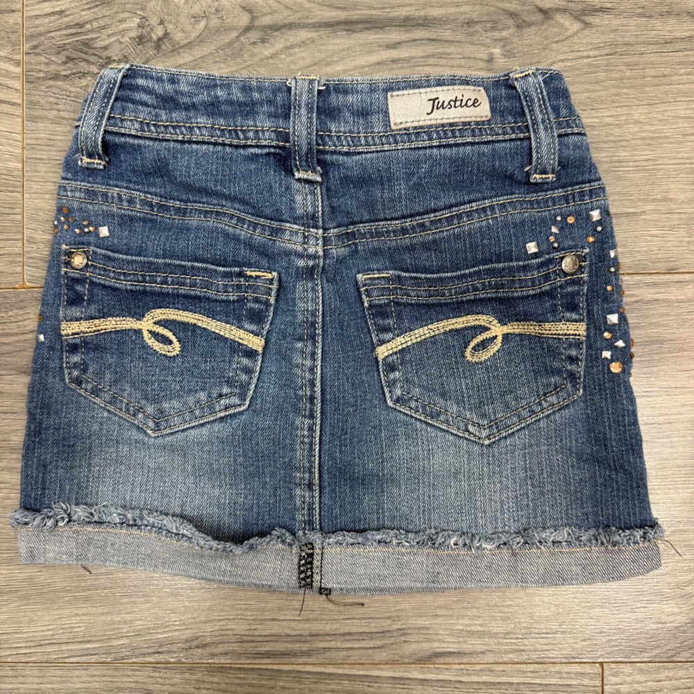 Y2K Justice Denim Mini Skirt Girls 7S Rhinestone Studded Bling Frayed Hem - Picture 10 of 14
